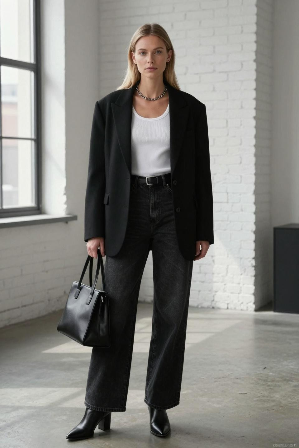 Black jeans outfits for women with white tank and oversized blazer