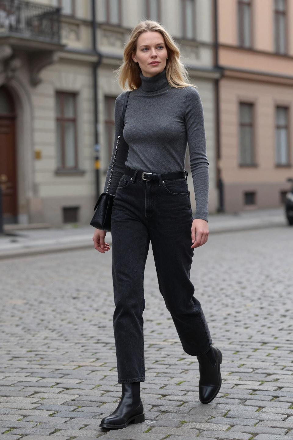 Black jeans outfit ideas with charcoal turtleneck and chelsea boots