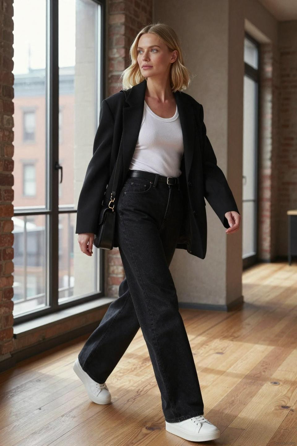 Black wide leg jeans outfit with white tank and oversized blazer