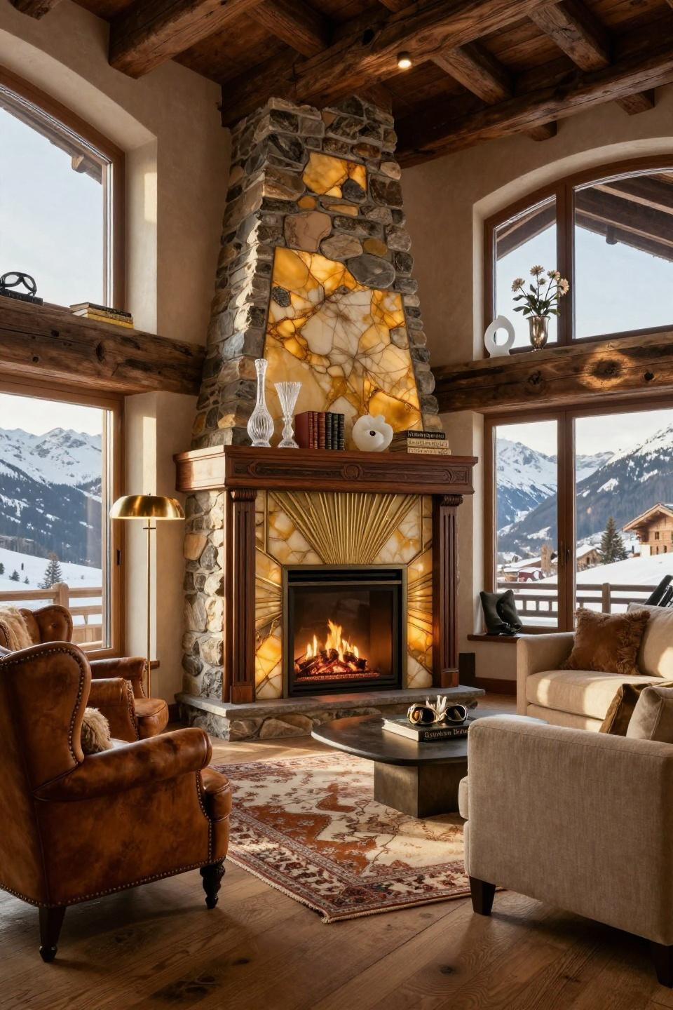 Gas fireplace ideas with full-height granite and oil-rubbed wrought iron