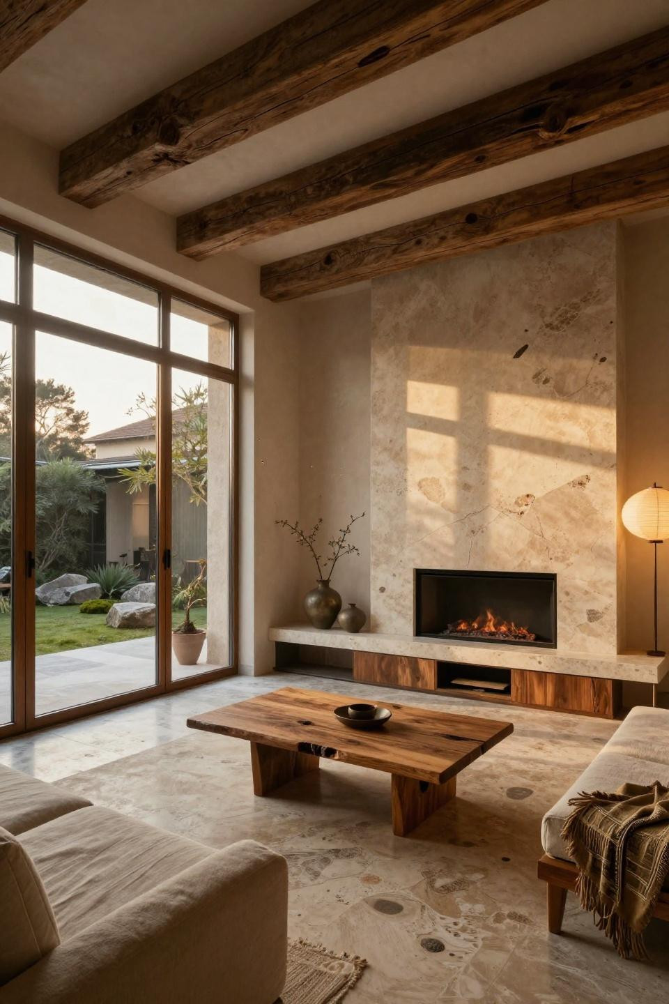 Gas fireplace ideas with natural cleft travertine and aged teak millwork