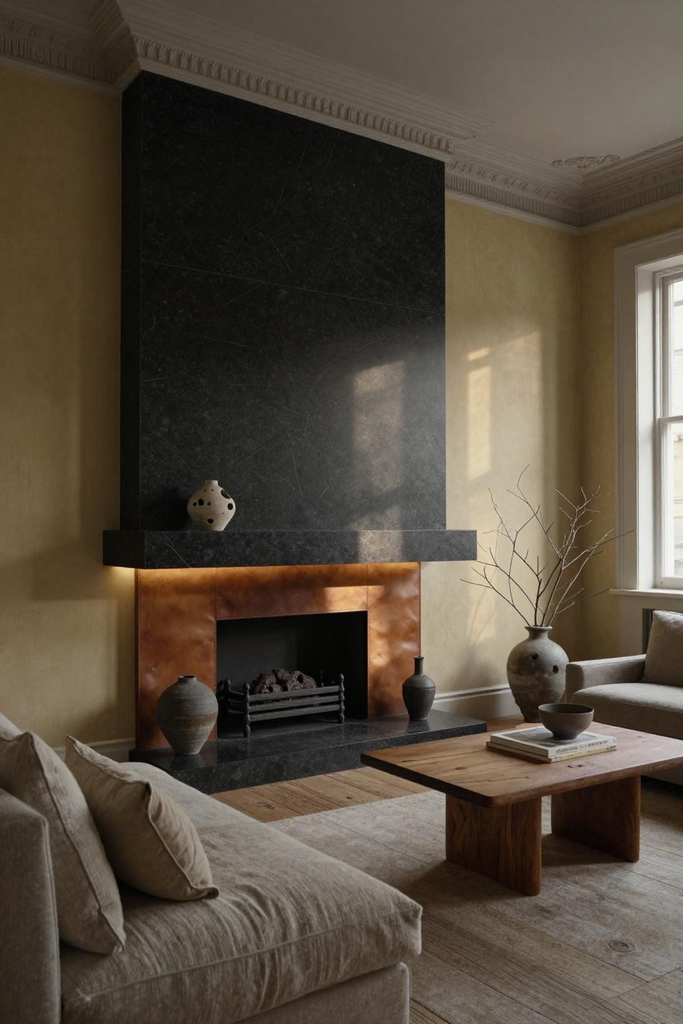 Gas fireplace ideas with honed black granite and leather accent panel