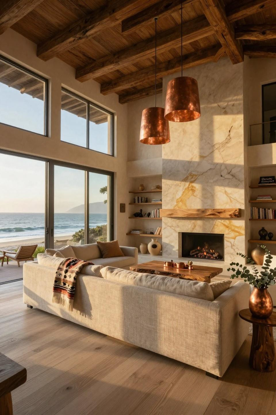 Gas fireplace ideas with book-matched quartzite and aged copper burner