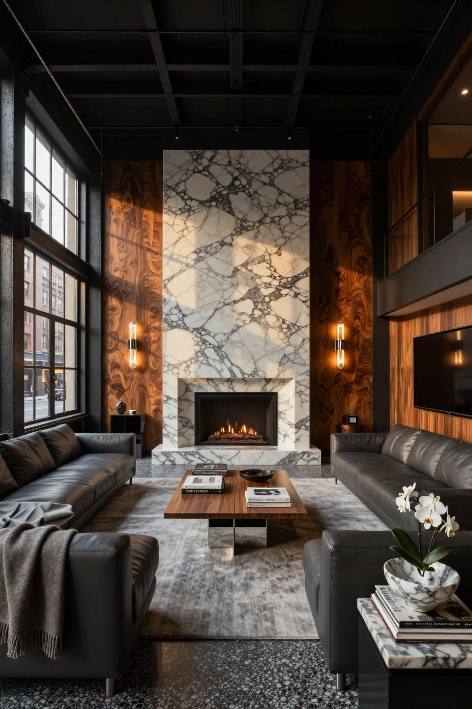 Gas fireplace ideas with honed Calacatta marble and walnut burl millwork