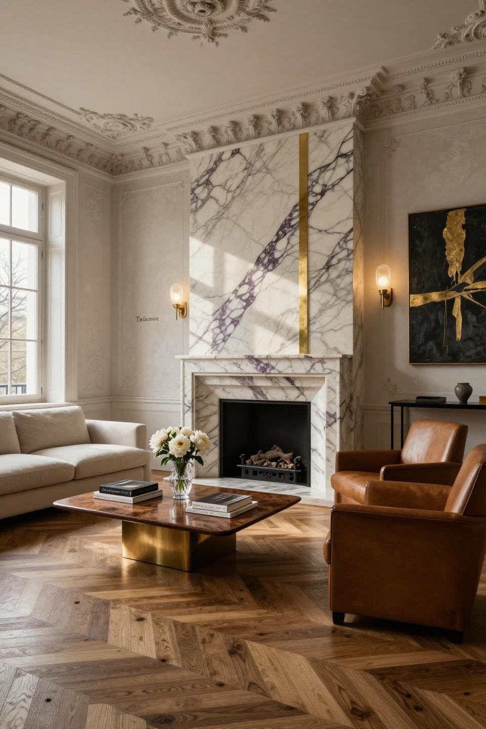 Gas fireplace ideas with sculptural Calacatta Viola and brass inlay