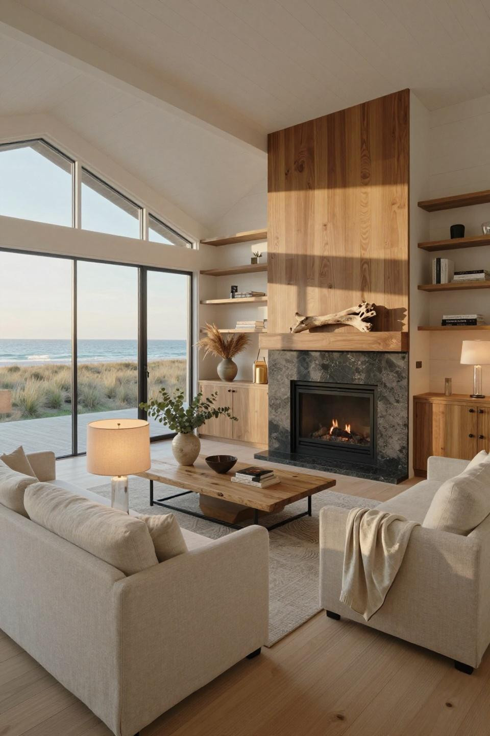 Gas fireplace ideas with honed granite and custom walnut millwork