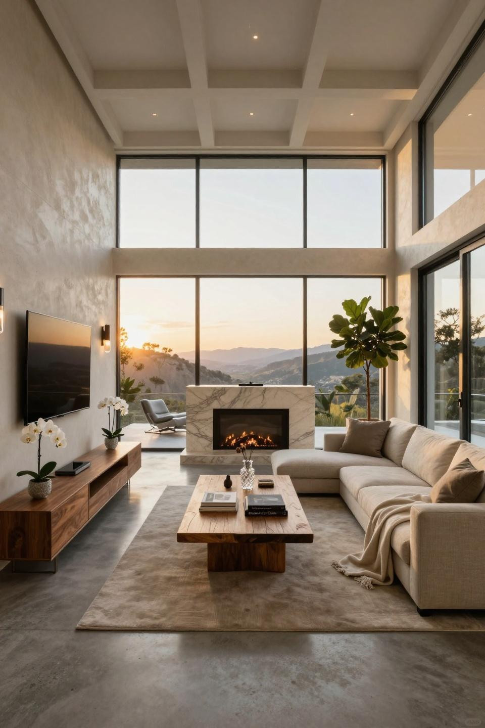 Gas fireplace ideas with book-matched limestone and walnut burl console