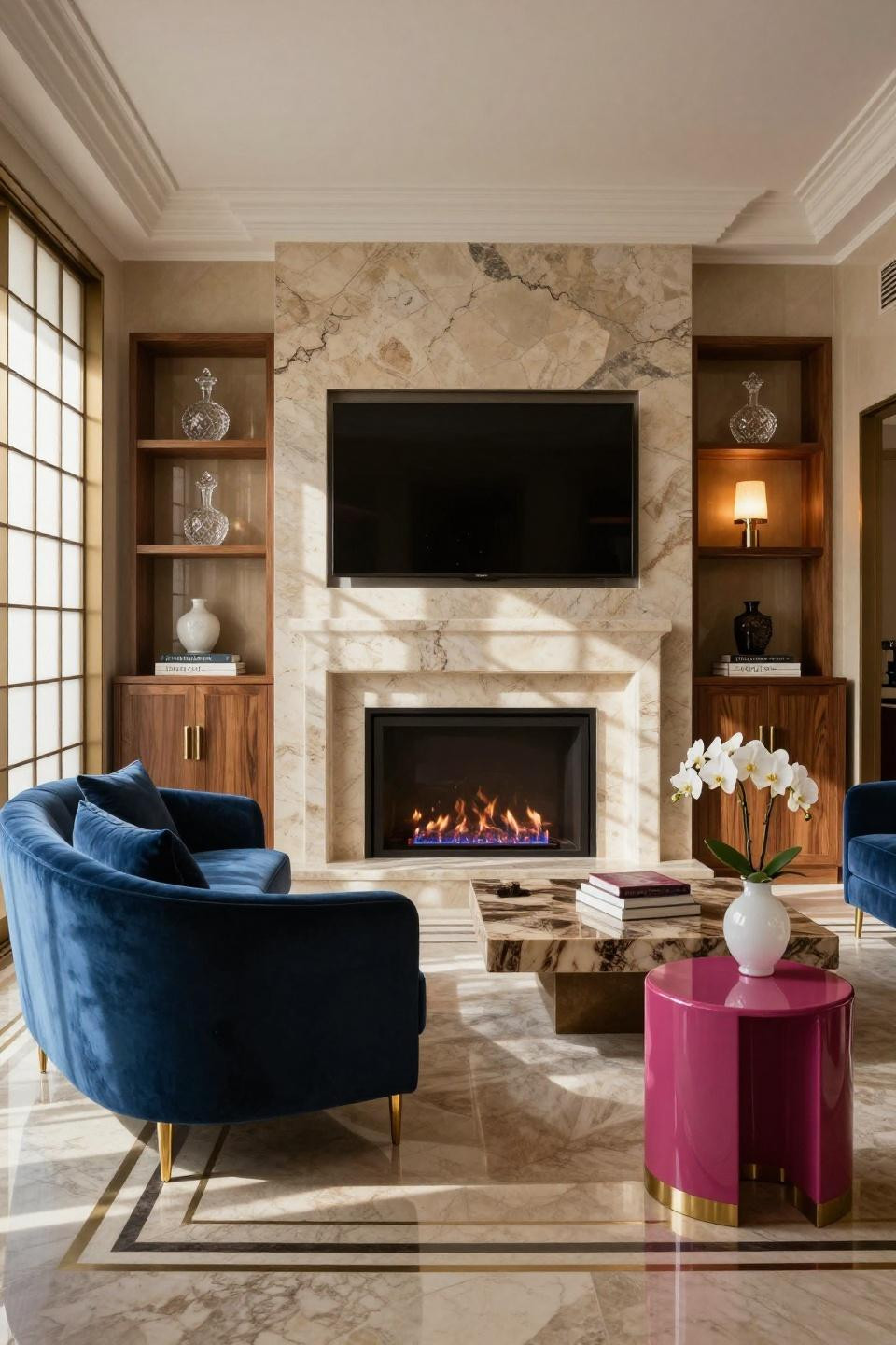 Gas fireplace ideas with book-matched limestone and integrated Frame TV