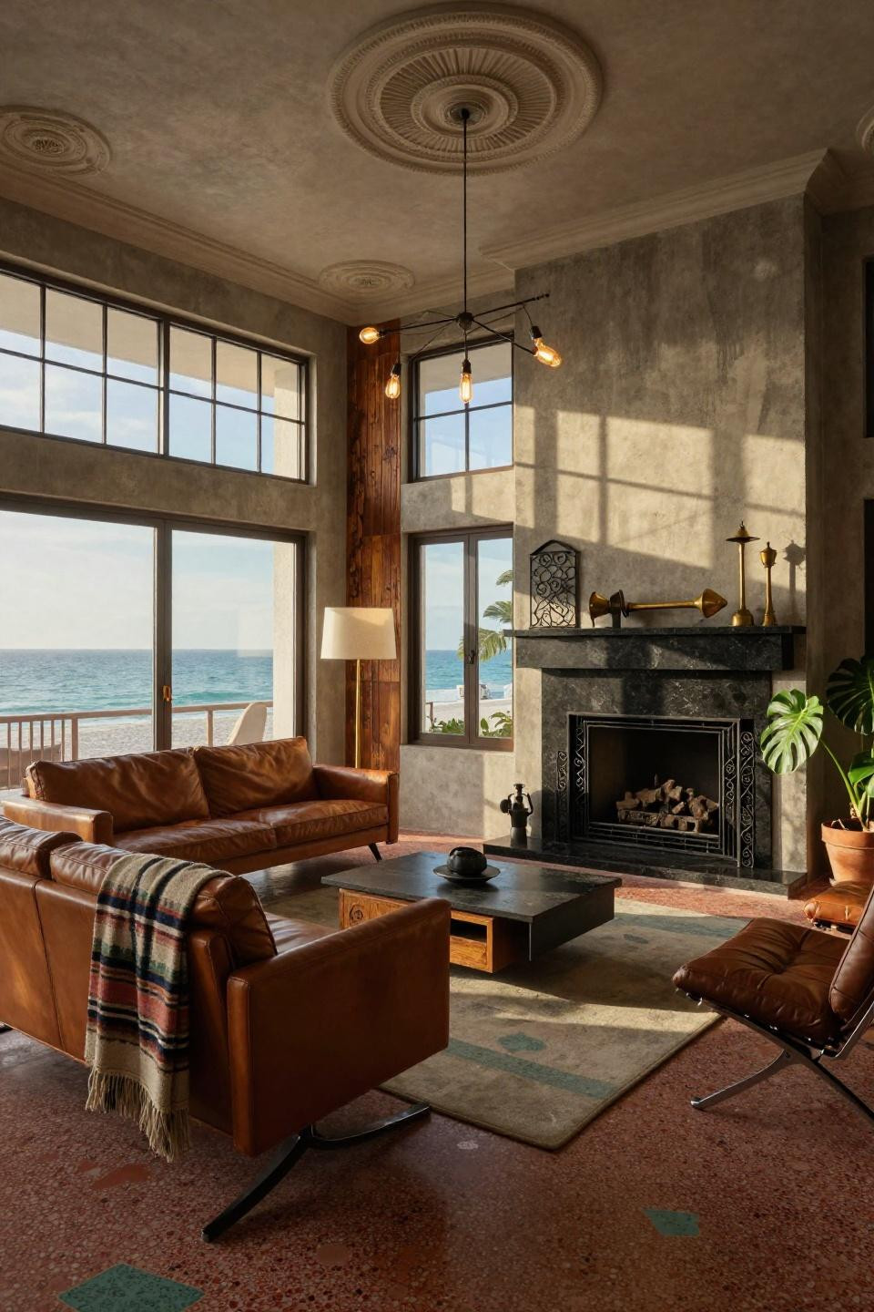 Home fireplace with honed terrazzo and blackened steel industrial details