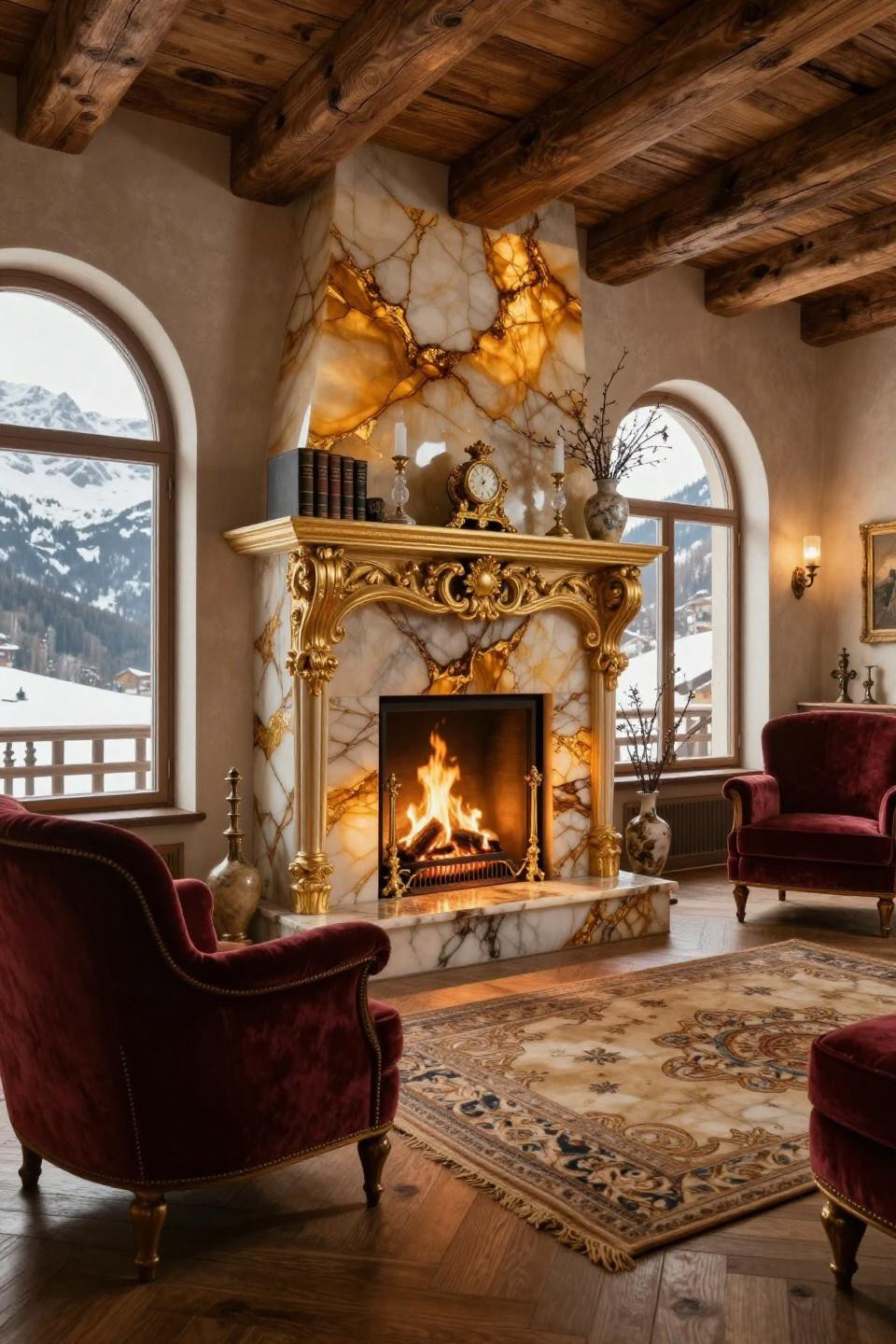 Fireplace ideas living room with backlit Brazilian onyx and 24k gold