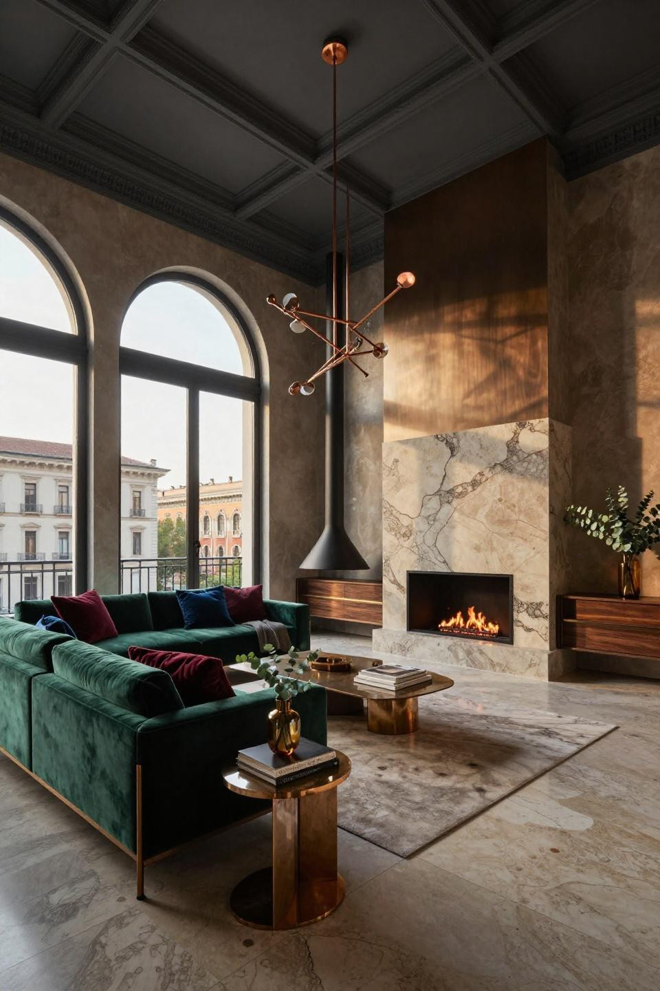 Fireplace designs featuring book-matched travertine and brushed bronze