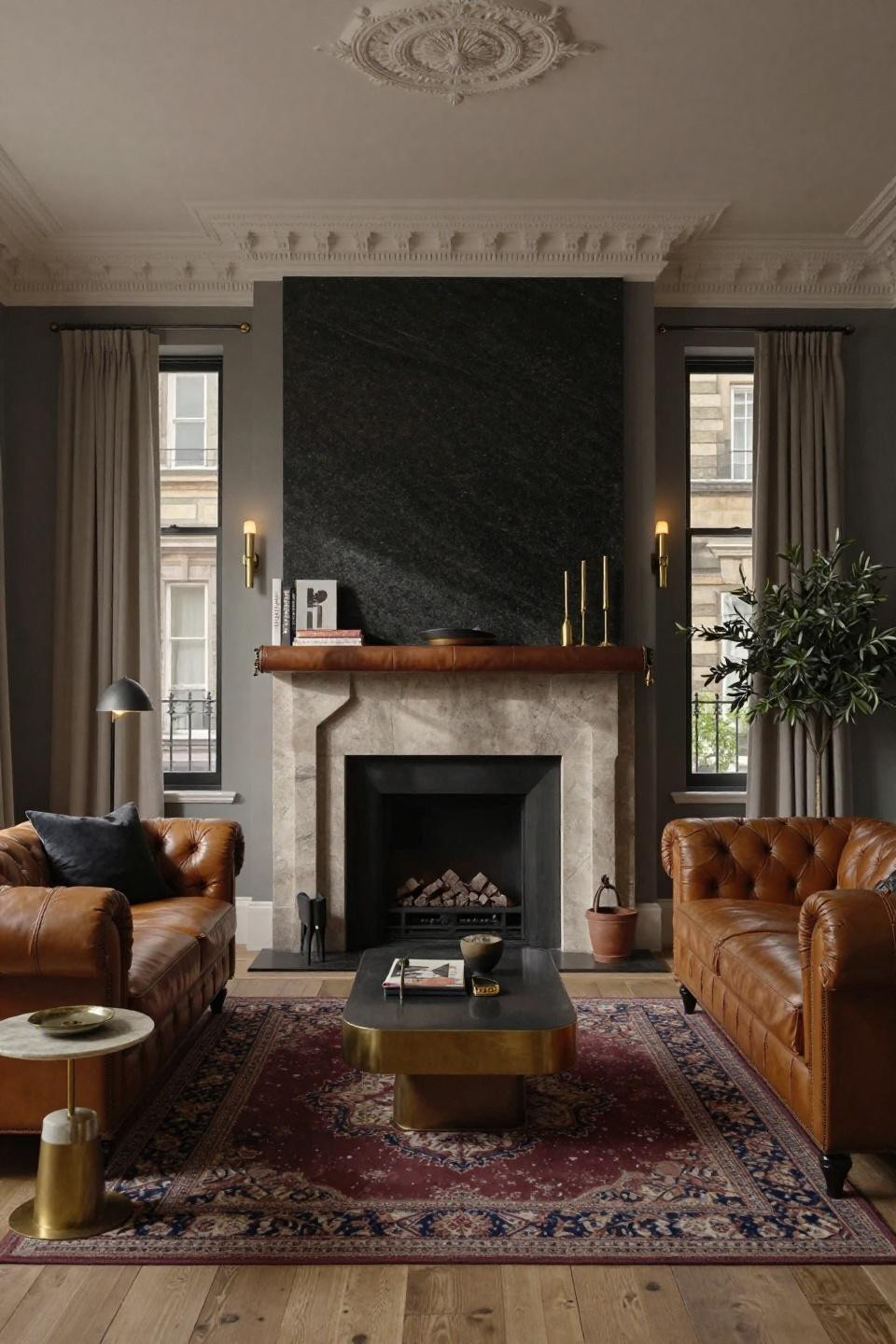 Modern fireplace ideas with honed black granite and leather mantel