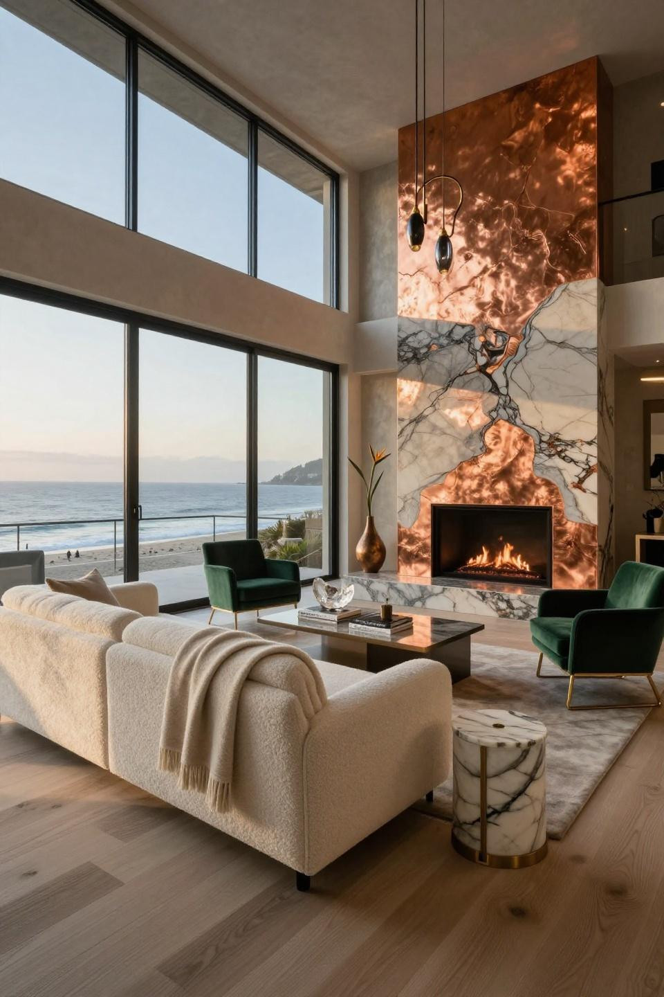 Fireplace wall ideas with book-matched quartzite and aged copper surround