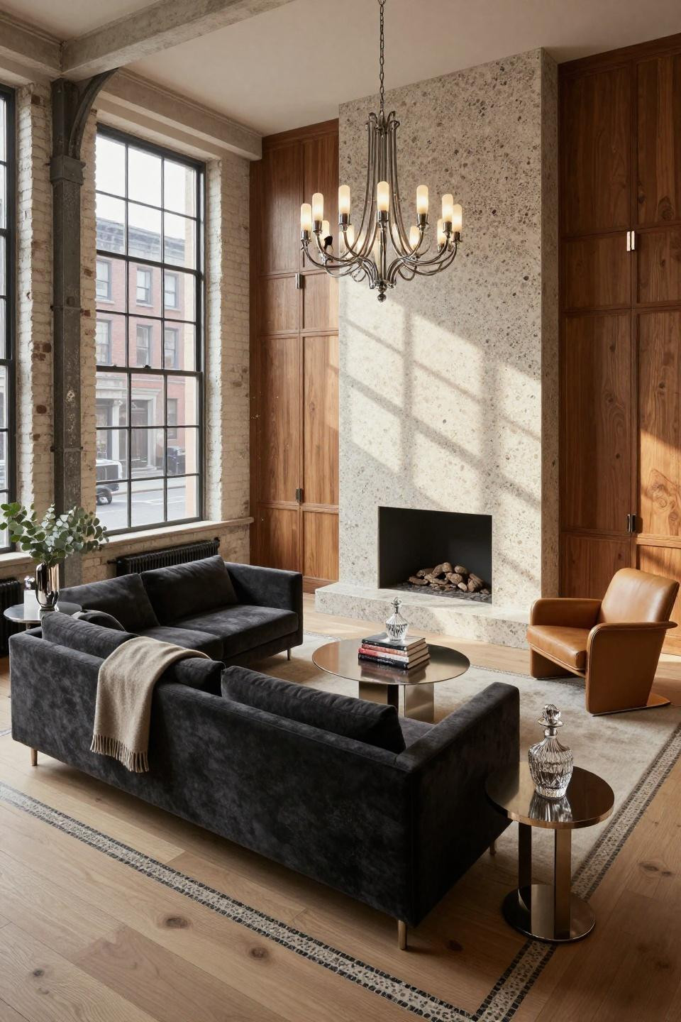 Fireplace decor ideas featuring honed Terrazzo and chrome linear burner