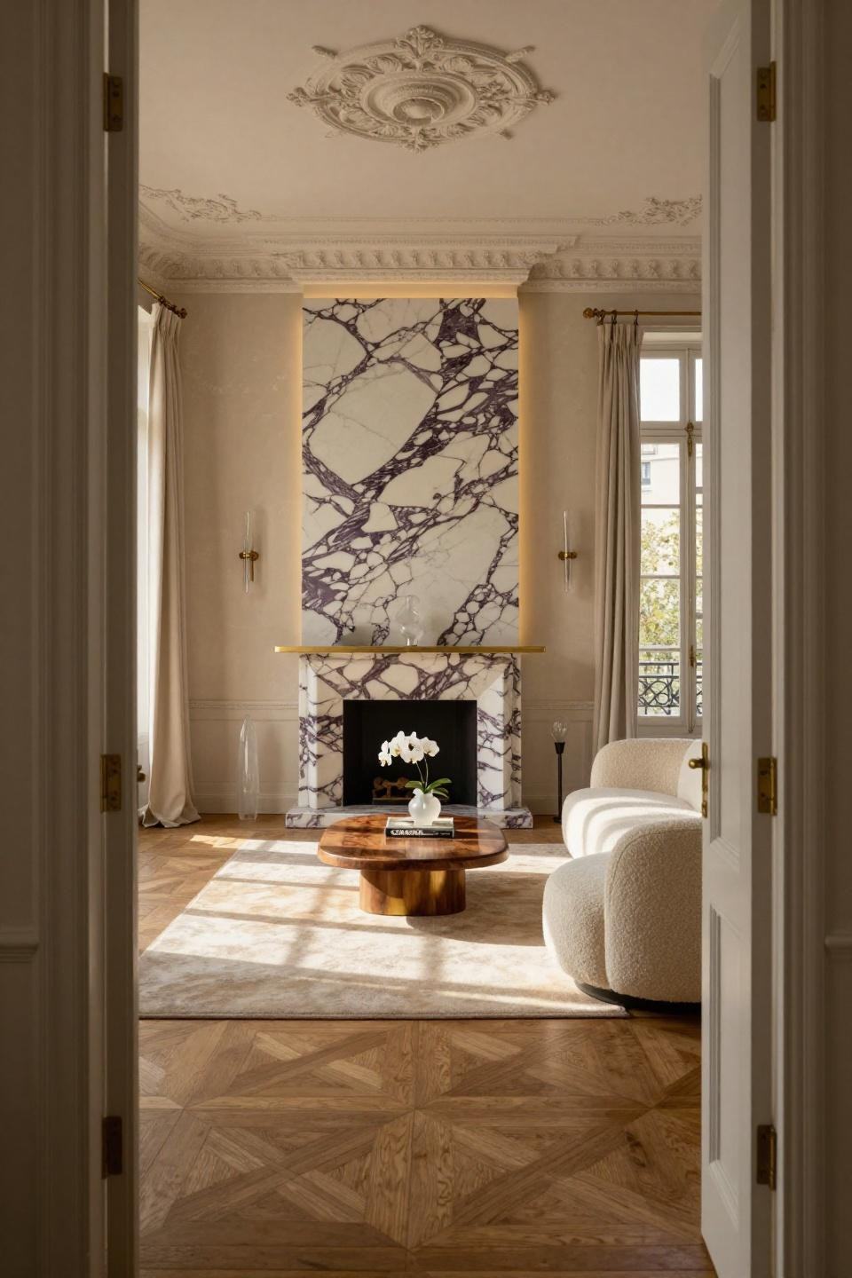 Wood fireplace with book-matched Calacatta Viola and brass floating mantel