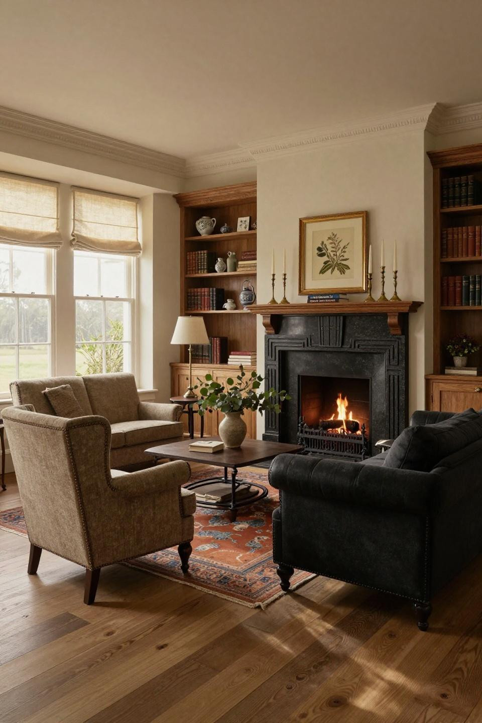 Fireplace tv wall with Absolute Black granite and hidden pocket doors