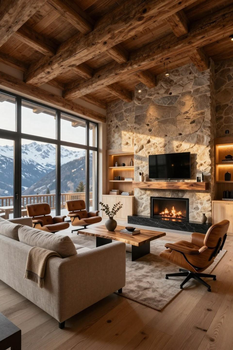 Log burner living room with honed black granite and walnut mantel in Swiss chalet