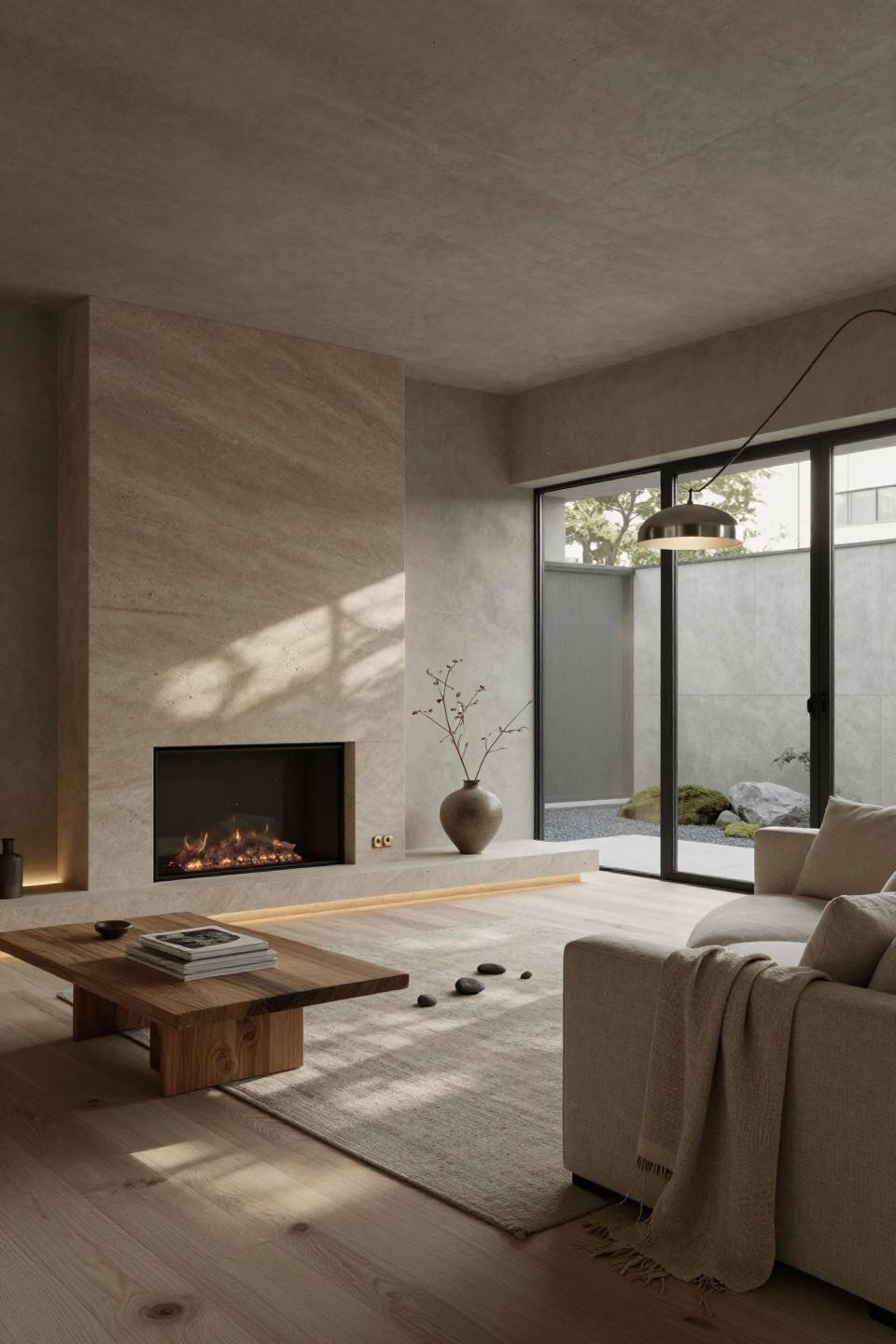 Gas fireplace ideas with French limestone surround in Tokyo minimalist interior