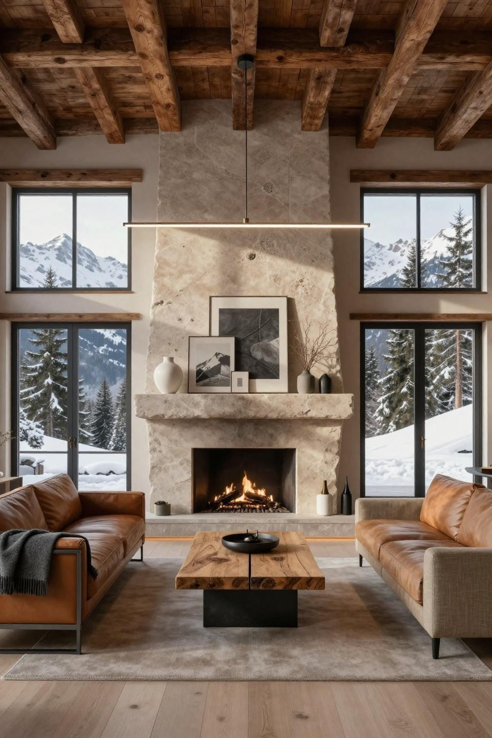 Fireplace mantle decor ideas with French limestone and satin nickel in Swiss Alpine chalet