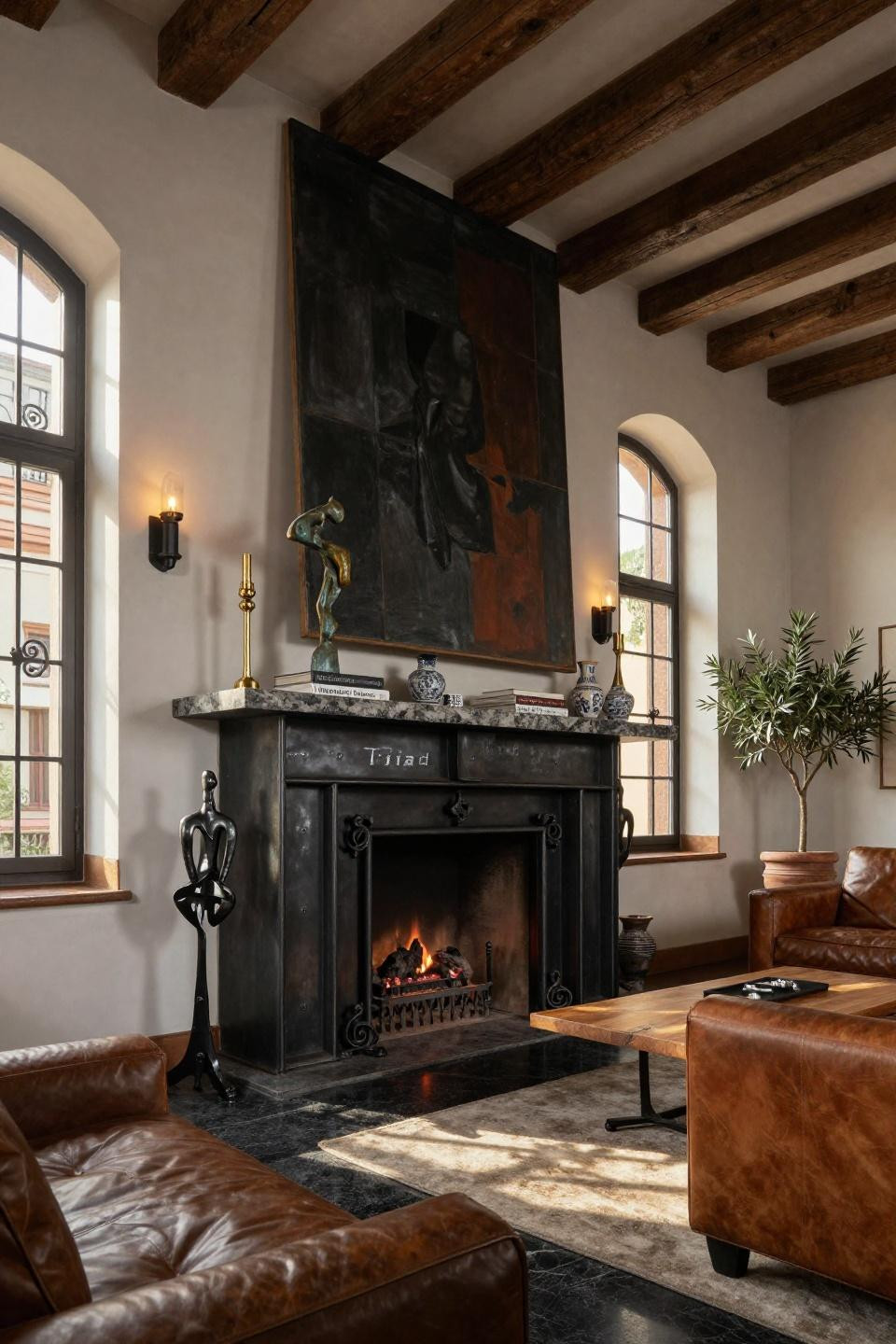 Fireplace mantle decor ideas with blackened steel and Jet Mist granite in Milan Centro Storico