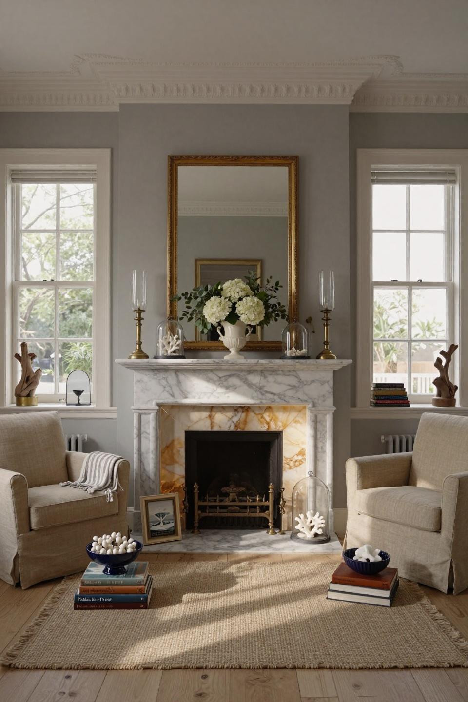 Fireplace mantle decor ideas with backlit honey onyx and Ralph Lauren styling in London townhouse