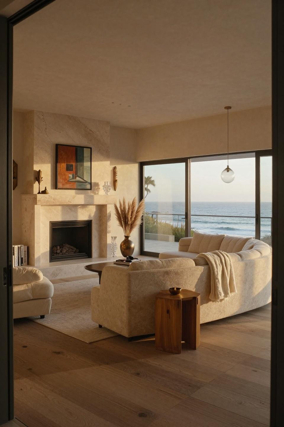 Fireplace mantle decor ideas with book-matched travertine and aged bronze in Malibu beach house