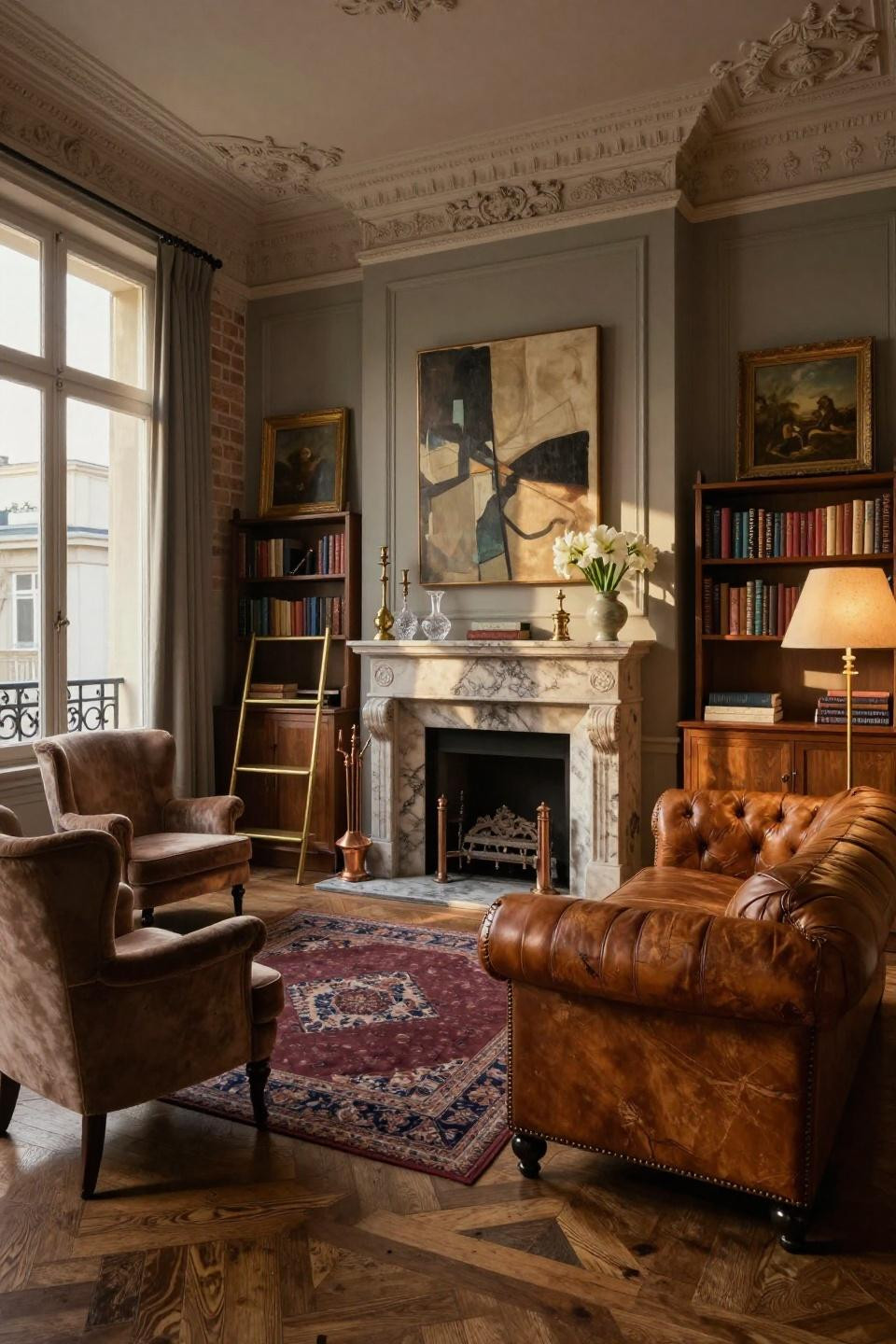 Fireplace mantle decor ideas with limestone and aged copper in Paris 6th arrondissement