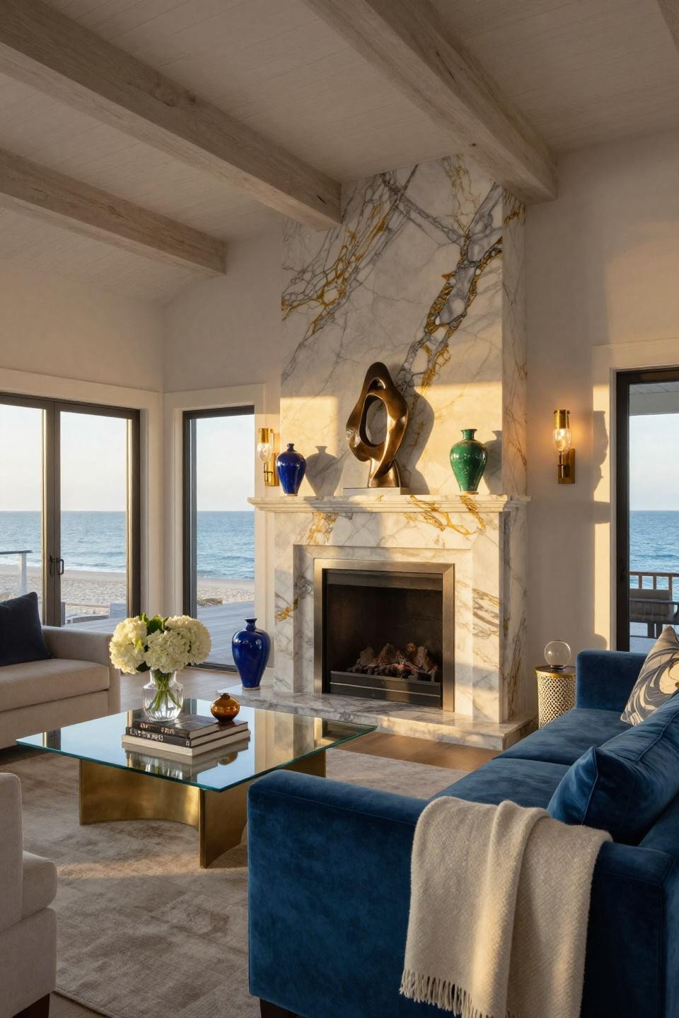 Fireplace mantle decor ideas with honed Calacatta Gold and sapphire velvet in Hamptons beach house
