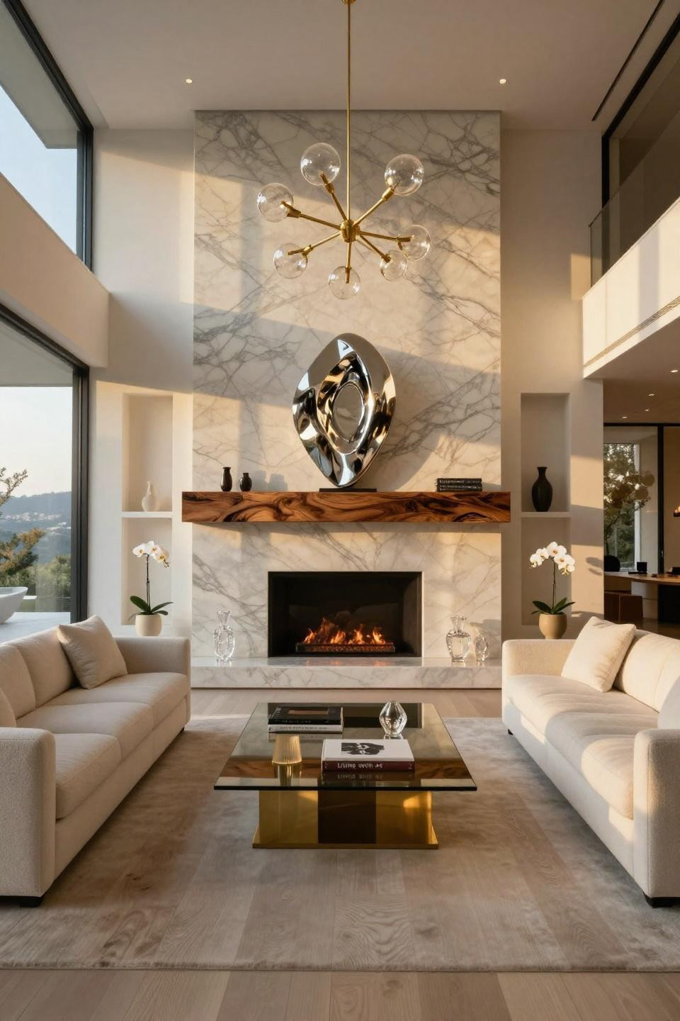 Fireplace mantle decor ideas with book-matched Calacatta Gold and walnut burl in Beverly Hills estate