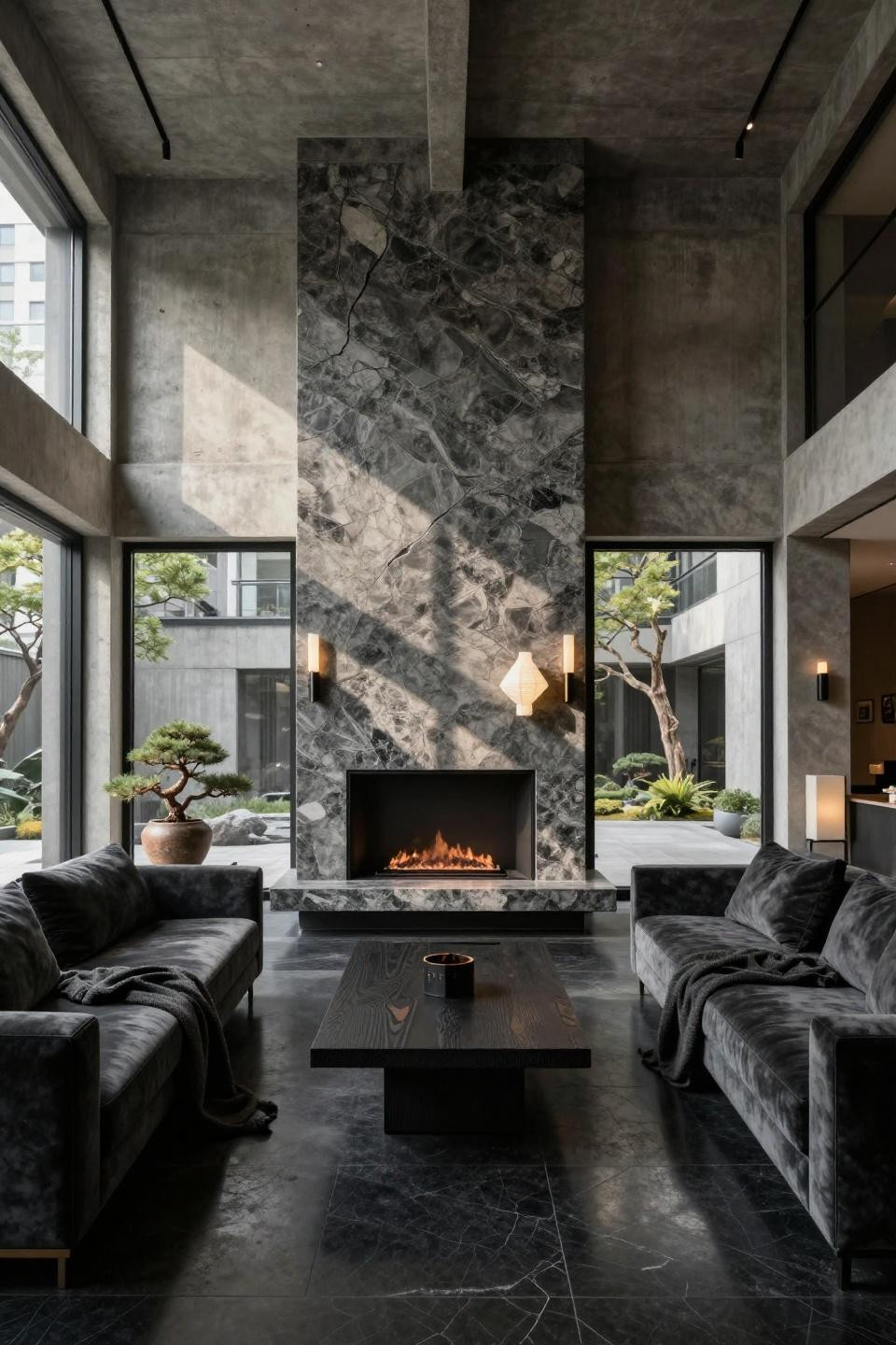 Fireplace mantle decor ideas with book-matched Jet Mist granite in Tokyo urban loft