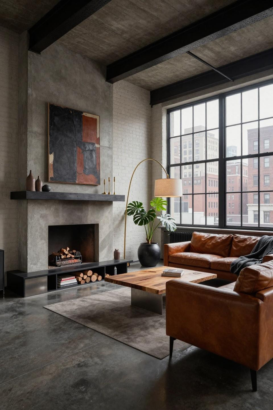 Fireplace mantle decor ideas with monolithic concrete and blackened steel in NYC loft