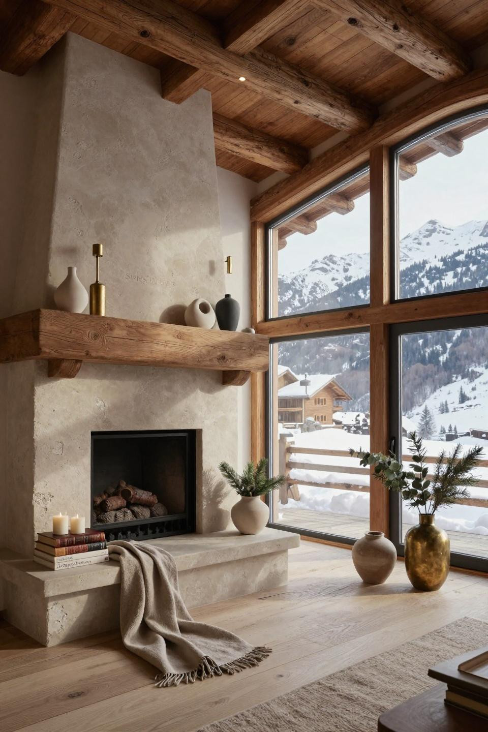 Fireplace mantle decor ideas with French limestone and reclaimed timber in Verbier chalet
