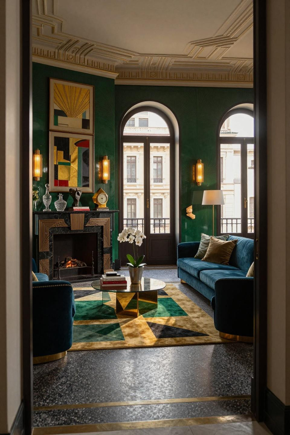 Fireplace mantle decor ideas with absolute black granite and bronze inlay in Milan penthouse