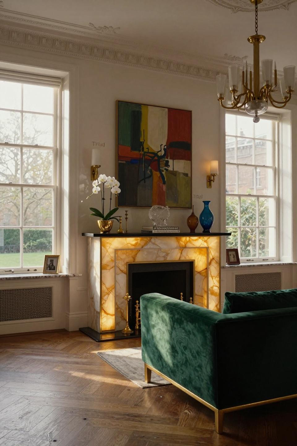Fireplace mantle decor ideas with backlit honey onyx and gold leaf in London Kensington estate
