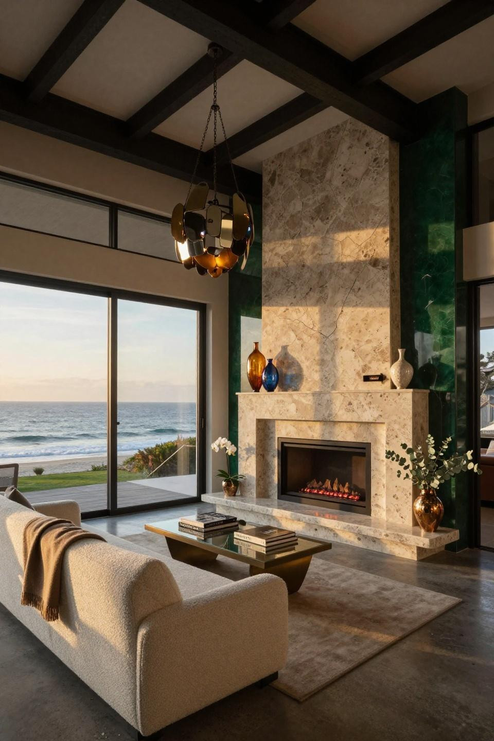 Fireplace mantle decor ideas with travertine stone panels and Jaume Plensa bronze in Malibu residence