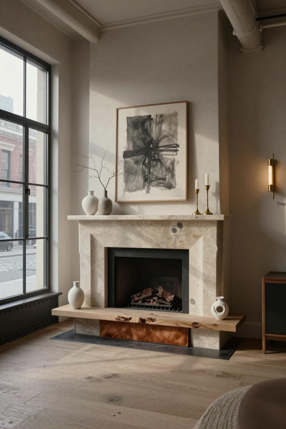 Mantlepiece styling with honed Jerusalem limestone and leather panels in Tribeca loft