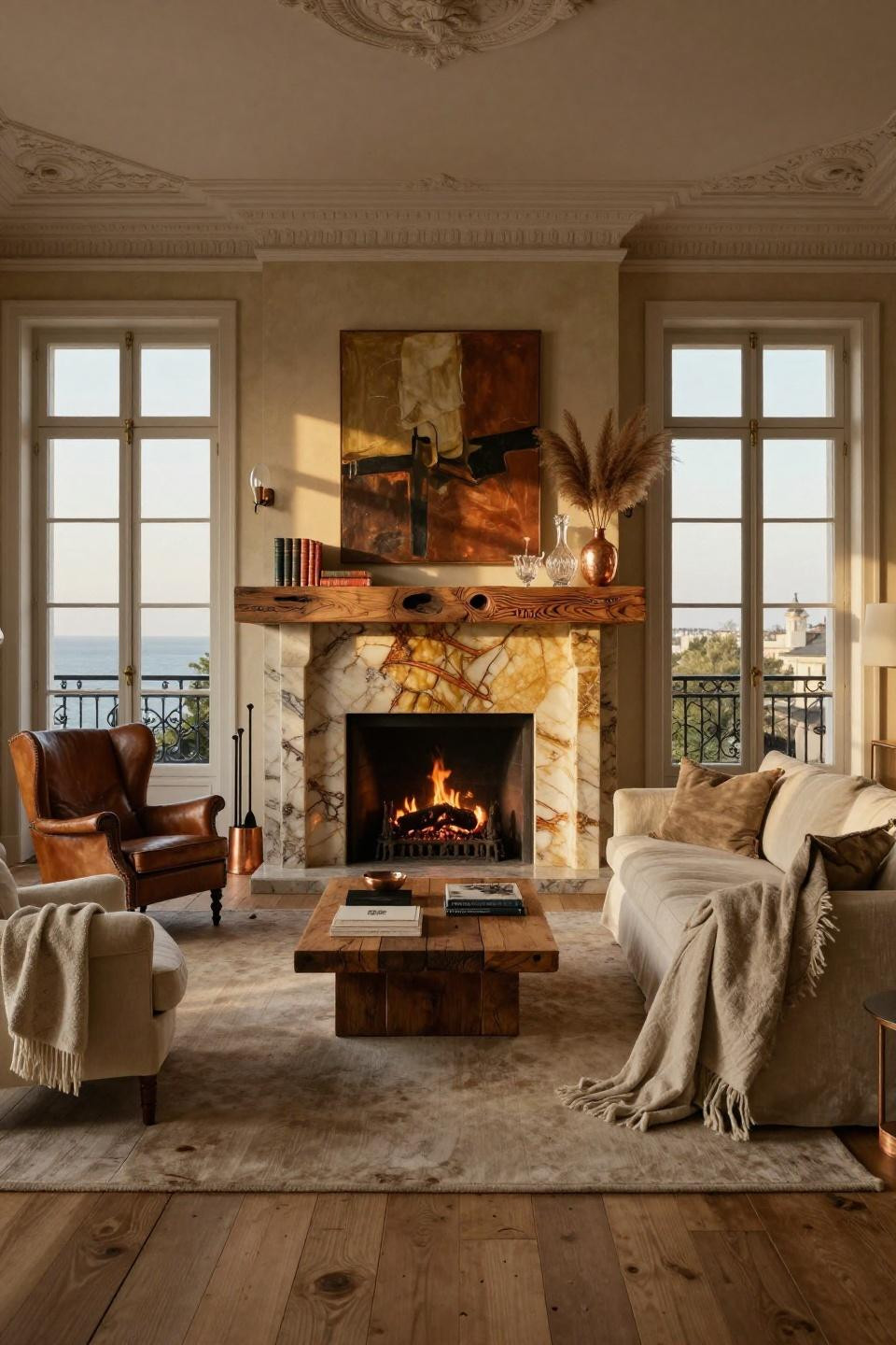 Living room fireplace decor featuring golden quartzite and reclaimed teak in Parisian Haussmann space