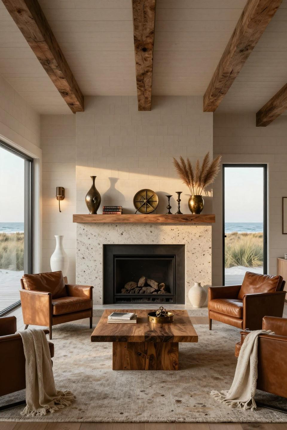 Farmhouse fireplace decor with honed terrazzo and blackened steel in Hamptons residence