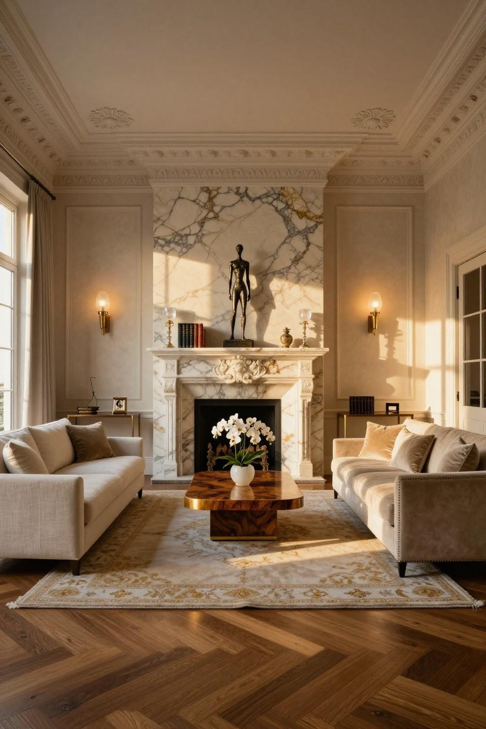 Fireplace hearth decor featuring Louis XVI-carved Calacatta Gold marble in Beverly Hills estate