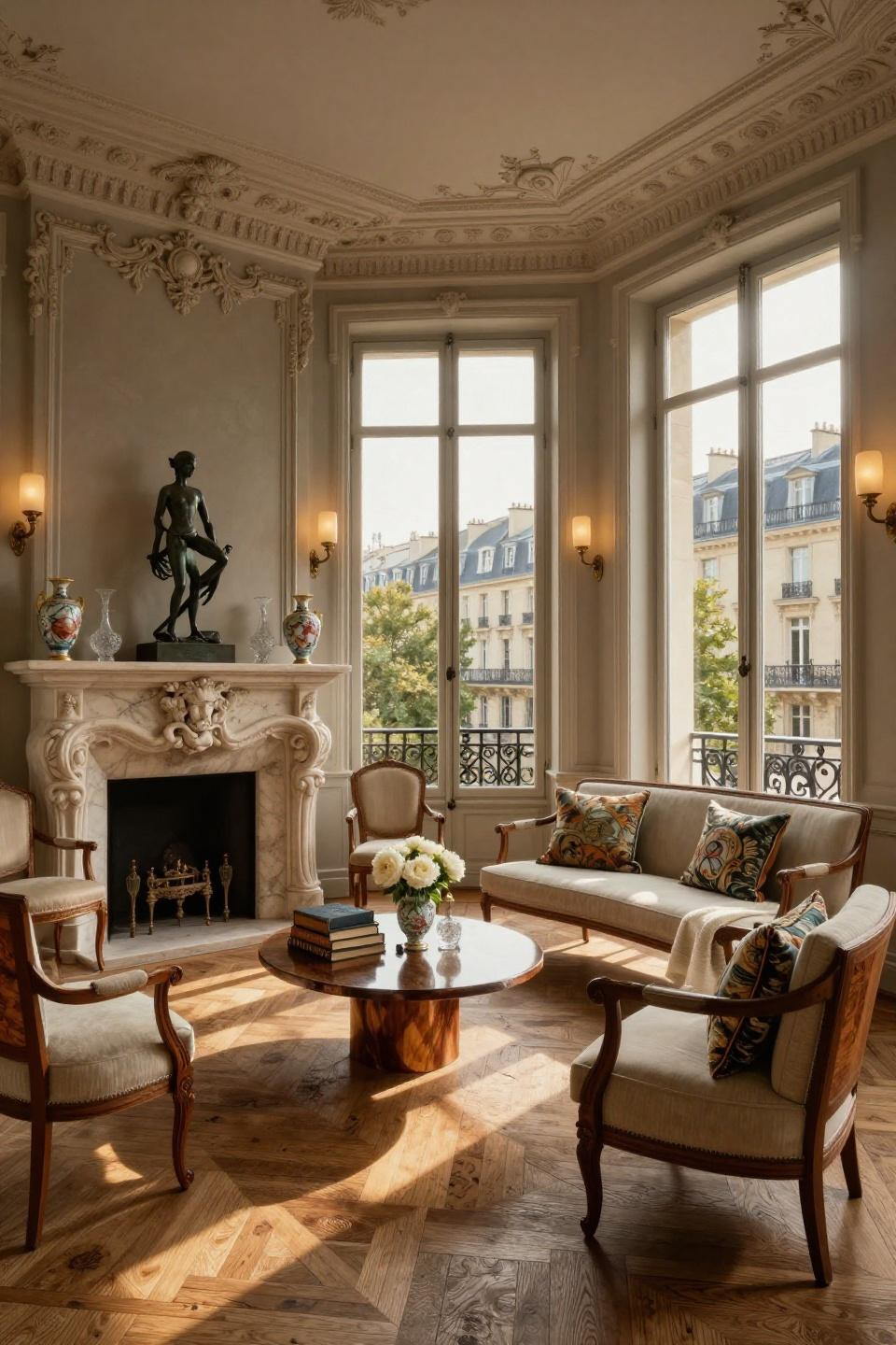 Fireplace mantel decorating ideas with limestone surround and Sèvres porcelain in Paris townhouse