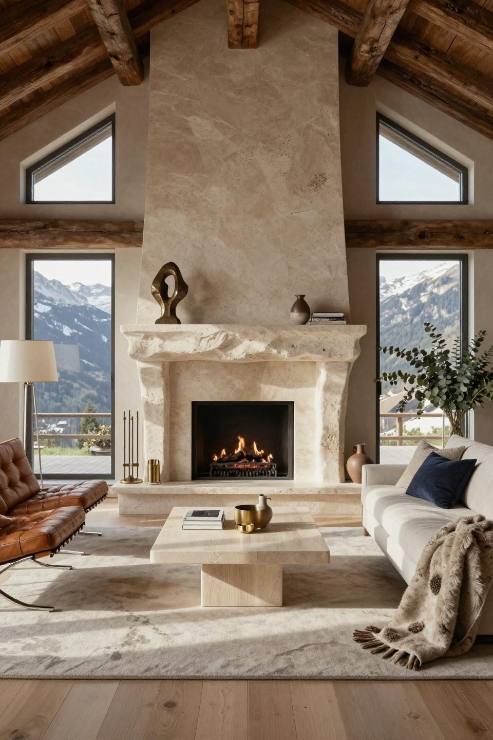 Fireplace mantle ideas featuring hand-carved French limestone in Swiss Alpine chalet