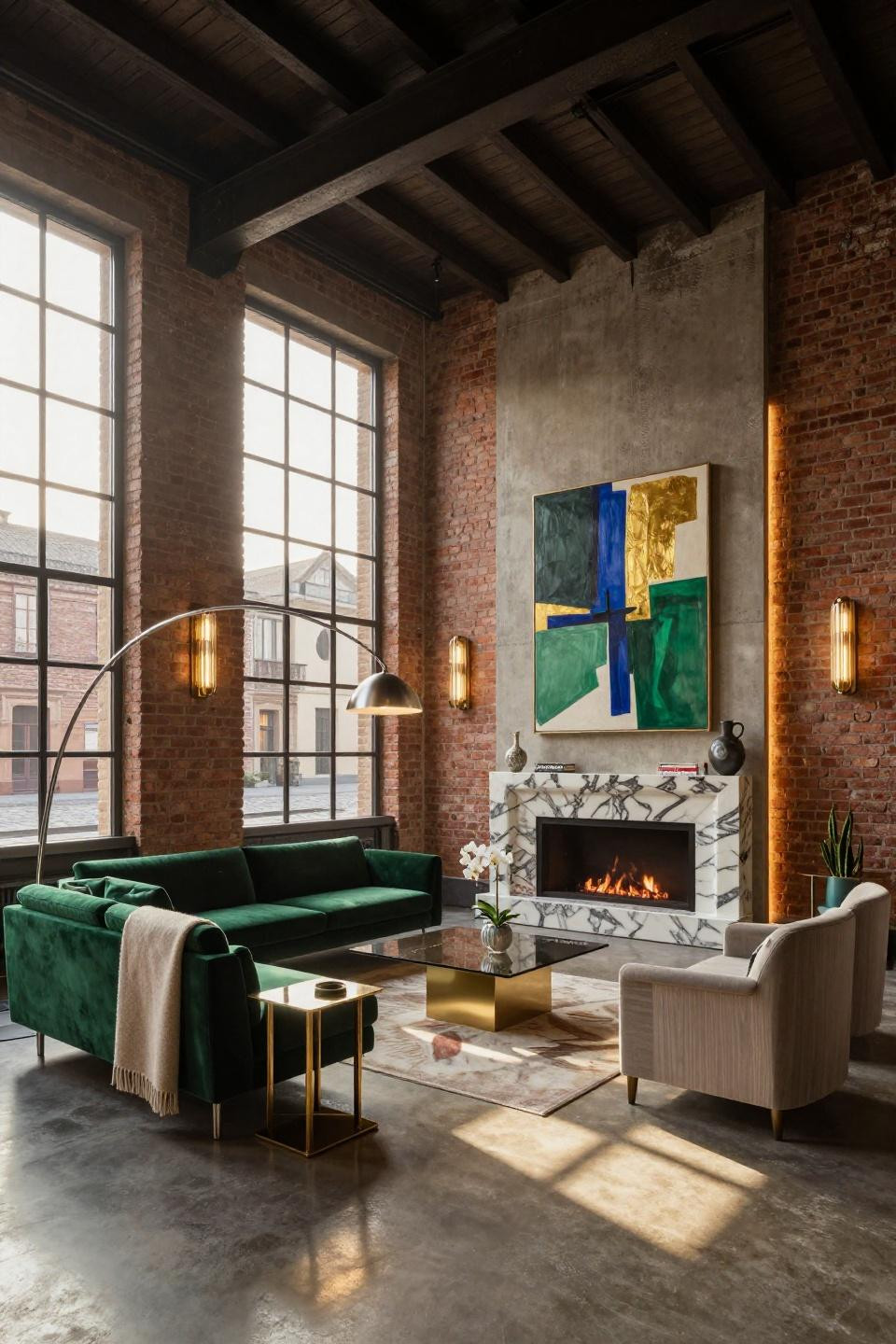 Modern fireplace ideas with Calacatta Laza porcelain and emerald velvet in Milan loft