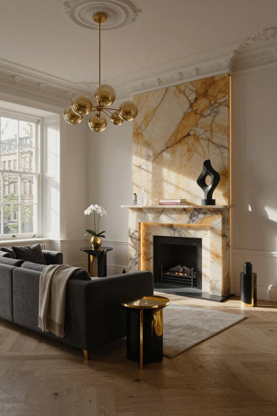 Fireplace wall ideas featuring backlit honey onyx panels in London Kensington townhouse