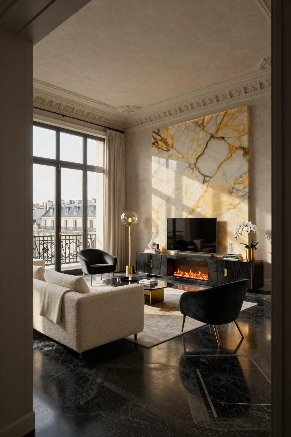 Electric Fireplace Living Room with backlit honey-gold onyx and 24k gold leaf accents