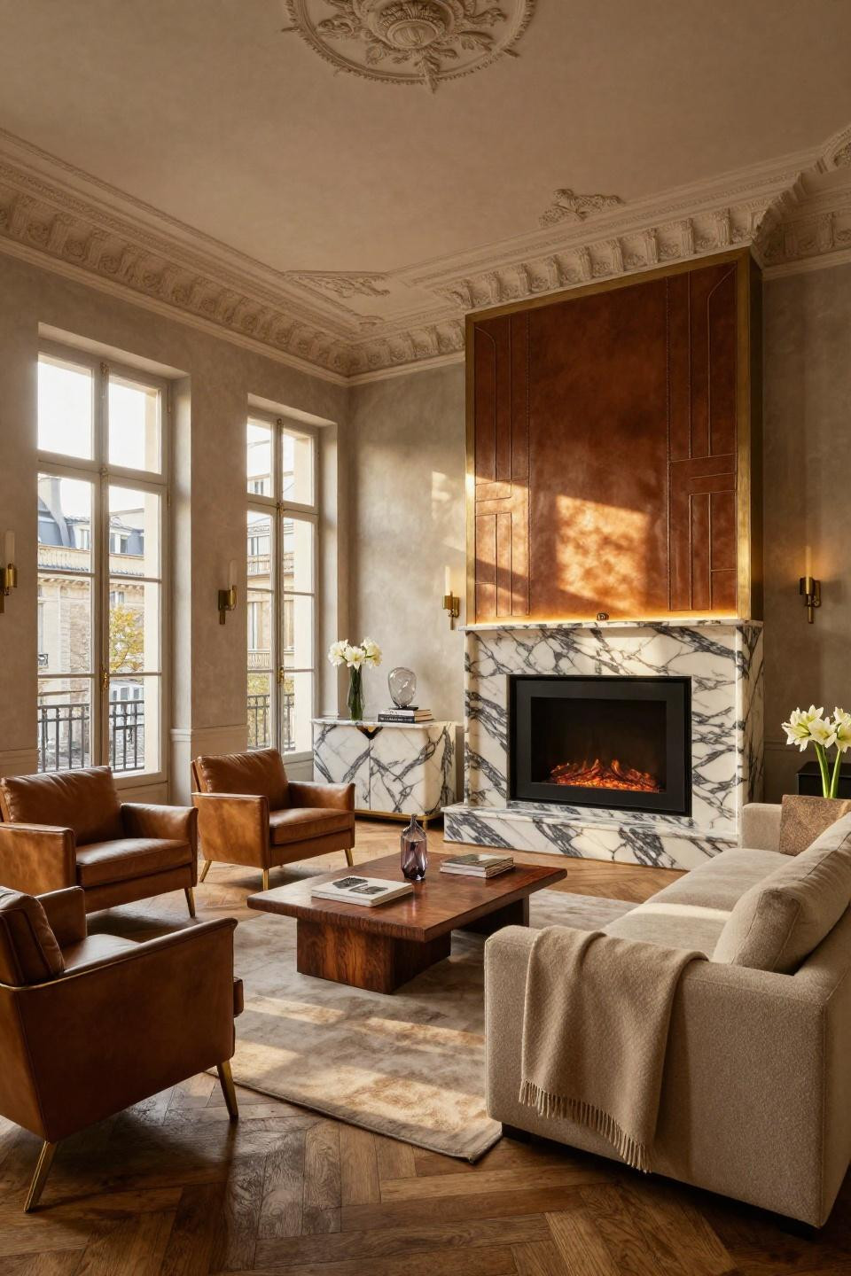 Electric Fireplace Living Room with book-matched Calacatta Borghini and hand-stitched leather panels
