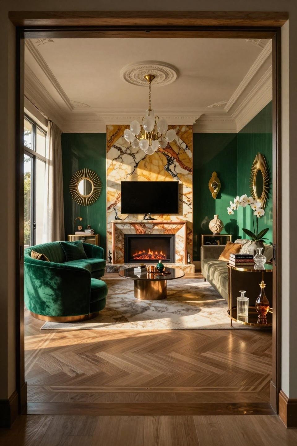Electric Fireplace Living Room with backlit quartzite and aged copper frame detailing