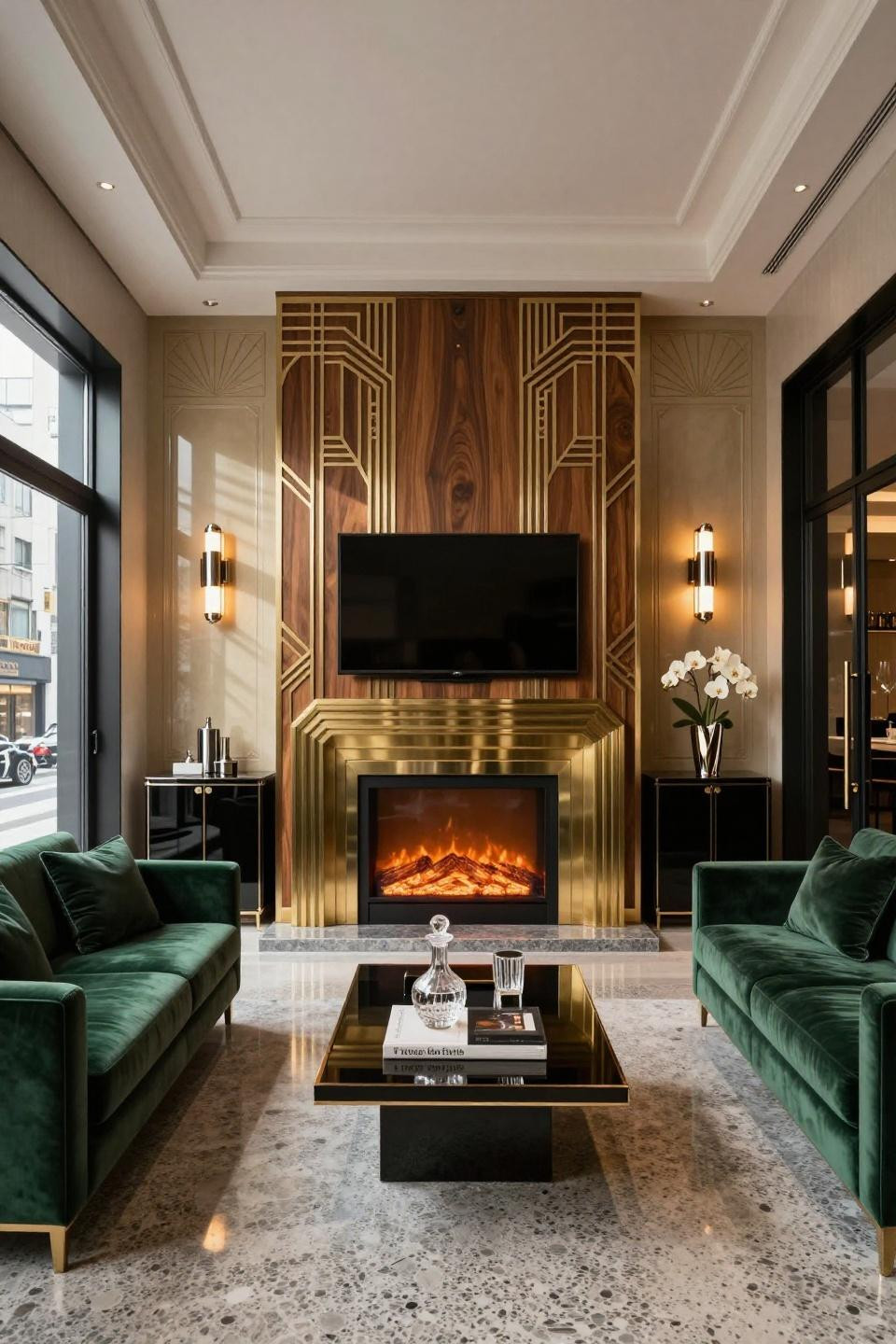 Electric Fireplace Living Room featuring ebonized walnut with inlaid brass geometric patterns