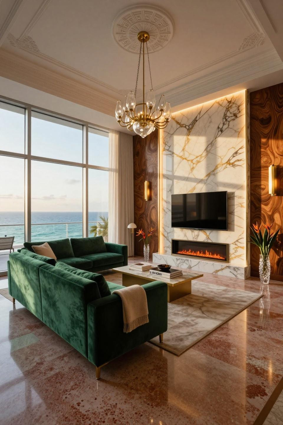 Electric Fireplace Living Room with book-matched Calacatta Gold and brushed brass fixtures