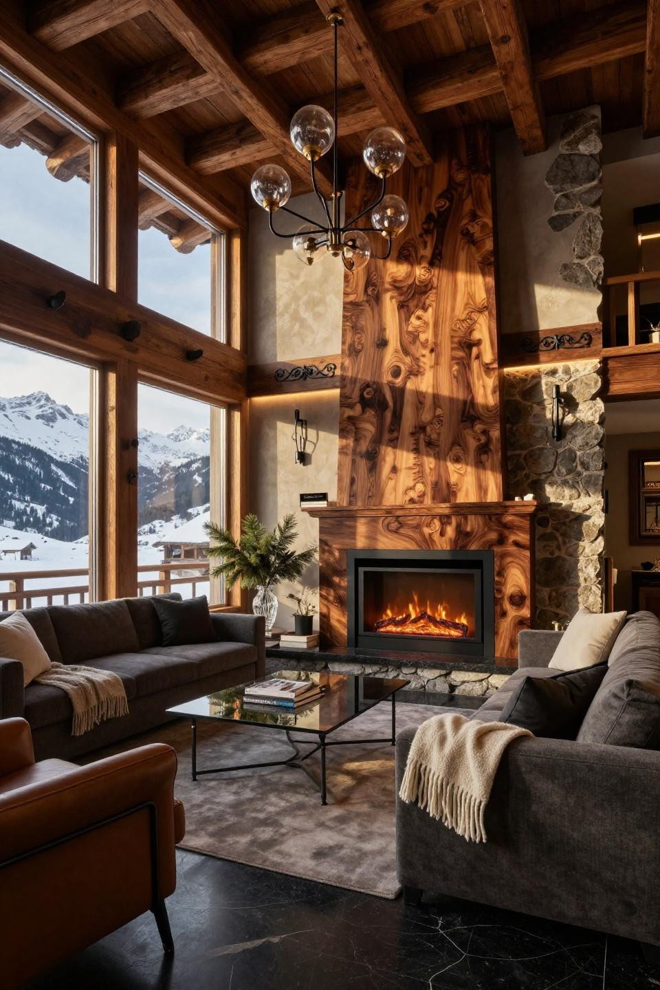 Electric Fireplace Living Room with book-matched walnut burl and Dimplex Opti-Myst technology