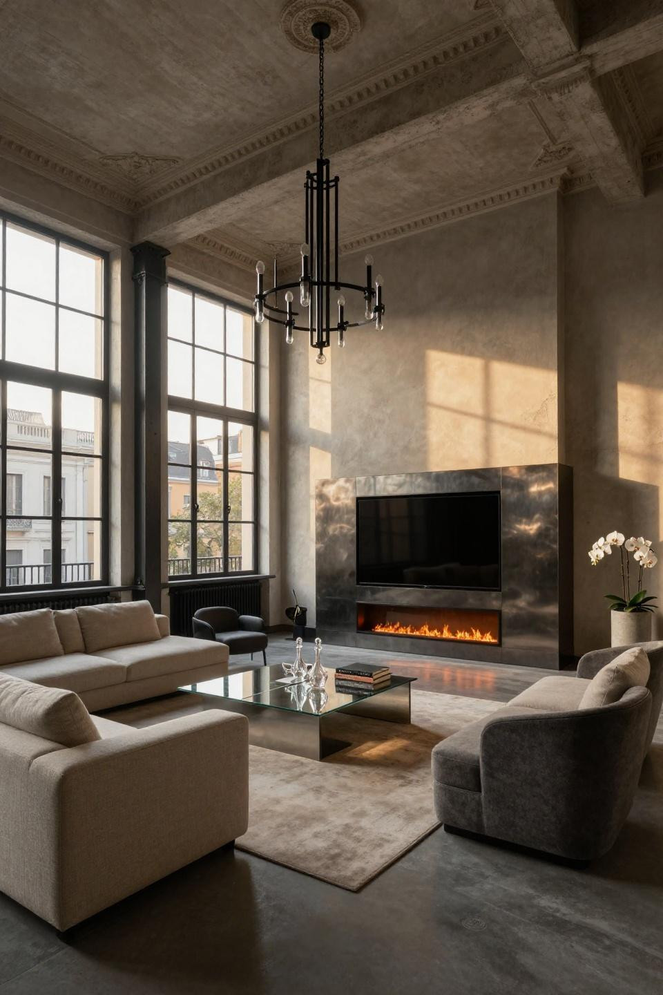 Electric Fireplace Living Room with blackened steel panels and programmable LED backlighting
